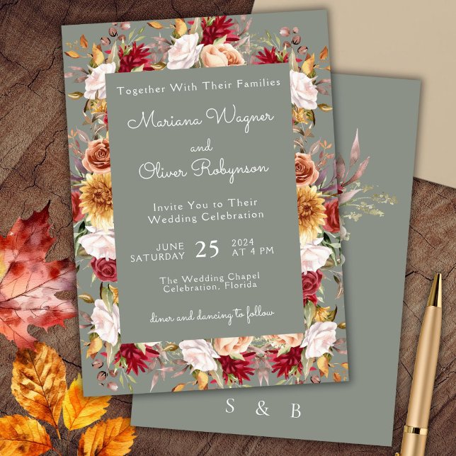Beige Sage Green Fall Floral Wedding Einladung (Von Creator hochgeladen)
