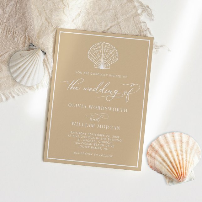 Beige Sand Elegant Beach Seashell Wedding Einladung (Von Creator hochgeladen)