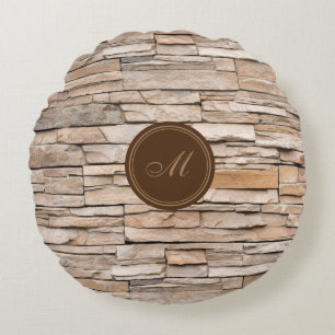 Beige Sandstone Monogram Rundes Kissen