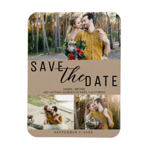 Beige Save the Date Hochzeit 3 Fotos Magnet