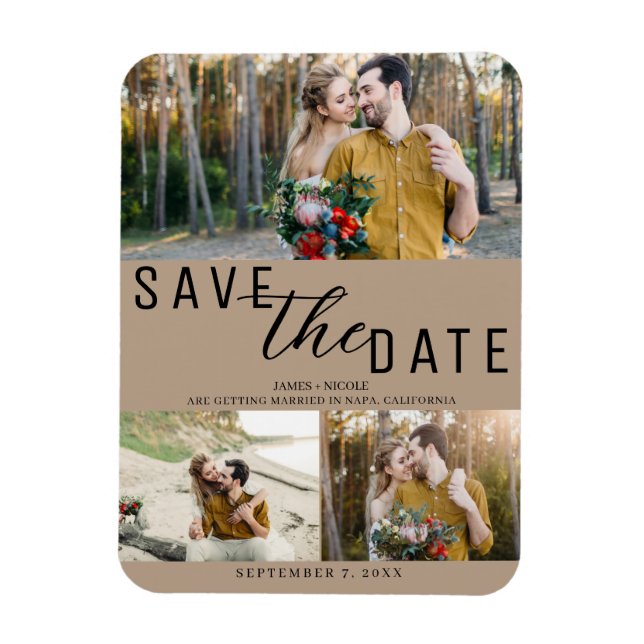 Beige Save the Date Hochzeit 3 Fotos Magnet (Vertikal)