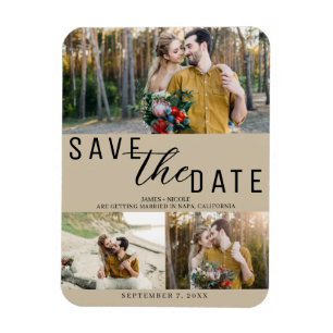Beige Save the Date Hochzeit 3 Fotos Magnet