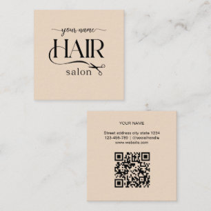 Beige-Schere-Script-Frisiersalon-Qr-Code Quadratische Visitenkarte