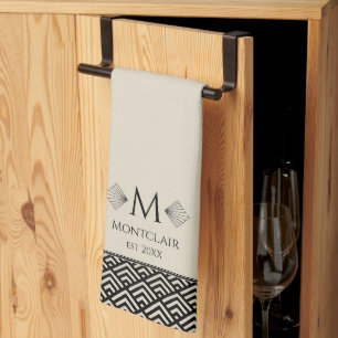 Beige Schwarz Art Deco Japanischer Lüfter Custom M Geschirrtuch