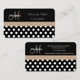 Beige Schwarz-weiße Polka Dot Monogram Business Ca Visitenkarte