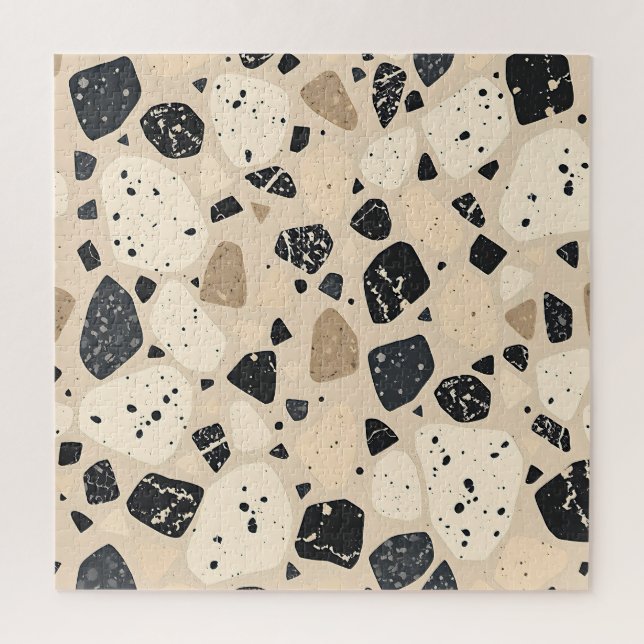 Beige schwarzes Terrazzo-Muster neutrales Abstract Puzzle (Vertikal)