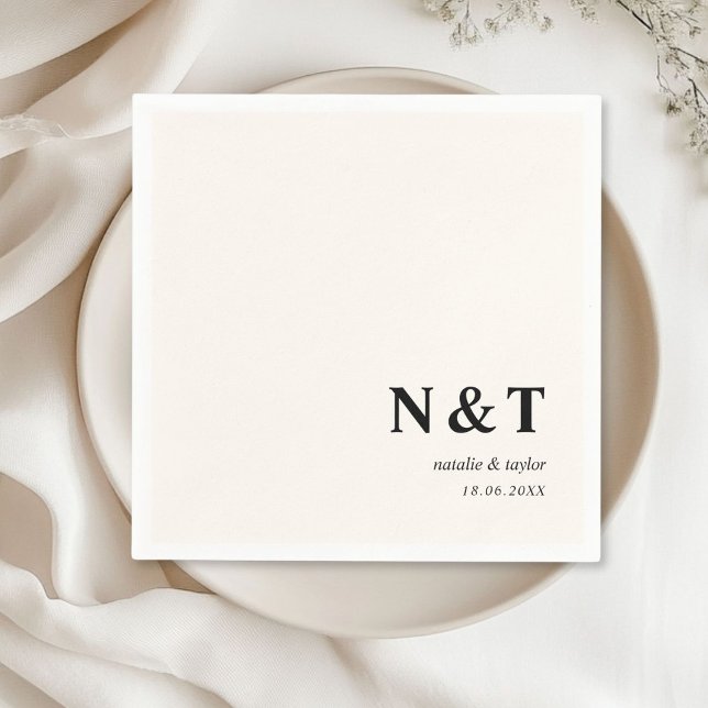 Beige Serviette (Monogram, simple, minimal napkins with your name and date.)