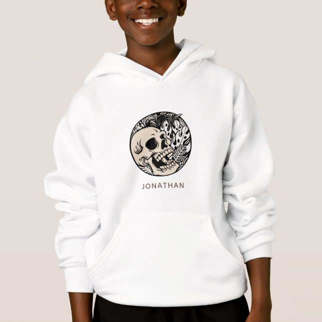 Beige Skull & Tropical Leaf Muster Boys Name Fun Hoodie (Vorderseite)
