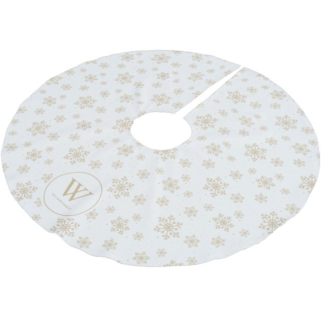 Beige Snowflakes Patternfamilie Monogram Polyester Weihnachtsbaumdecke (Schrägansicht)