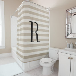 Beige Streifen große Monogramm | Bauernhof Badezim Duschvorhang