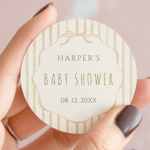 Beige Streifen mit geschwungenem Rahmen Baby Showe Runder Aufkleber