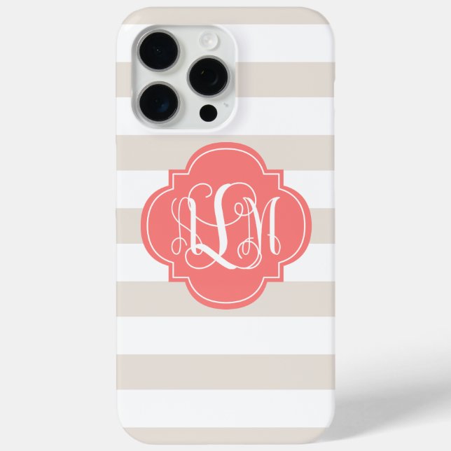 Beige Streifen und Korallenmonogramm Case-Mate iPhone Hülle (Rückseite)