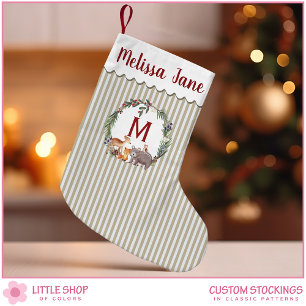 Beige Streifen Waldtiere Monogramm Kleiner Weihnachtsstrumpf