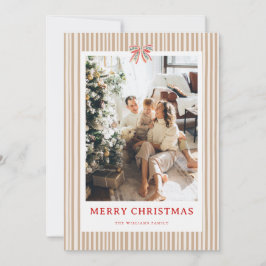 Beige Stripe Red Bow Christmas Photo Holiday Card Feiertagskarte