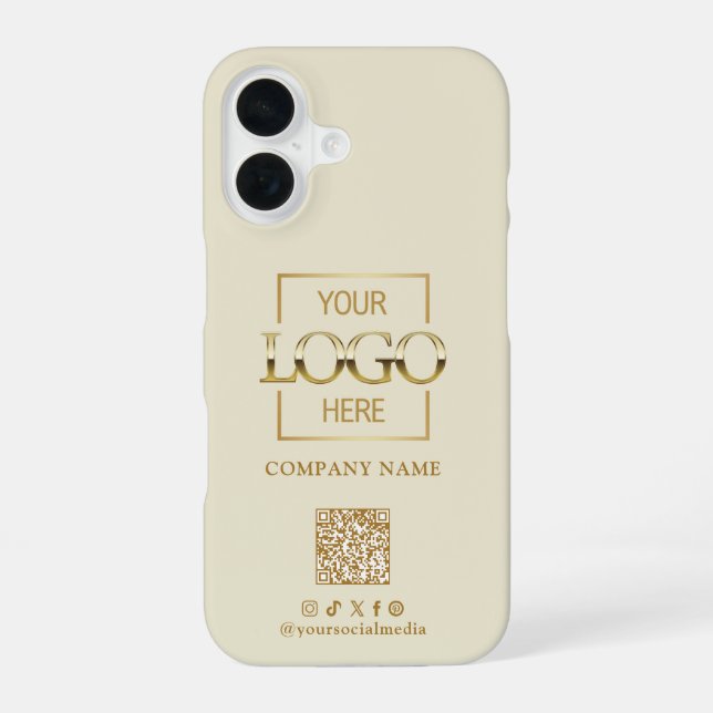 Beige Stylish Minimalist Business Logo & QR Code iPhone 16 Hülle (Rückseite)