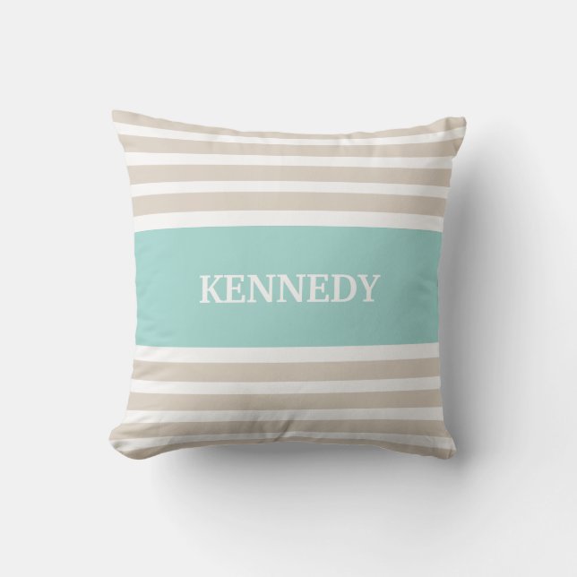 Beige tadelloses Grün Stripes Monogramm Kissen (Vorderseite)