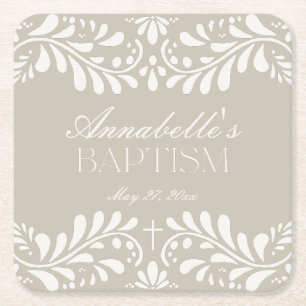 Beige Talavera Tile Spanische Fiesta Taufe Rechteckiger Pappuntersetzer