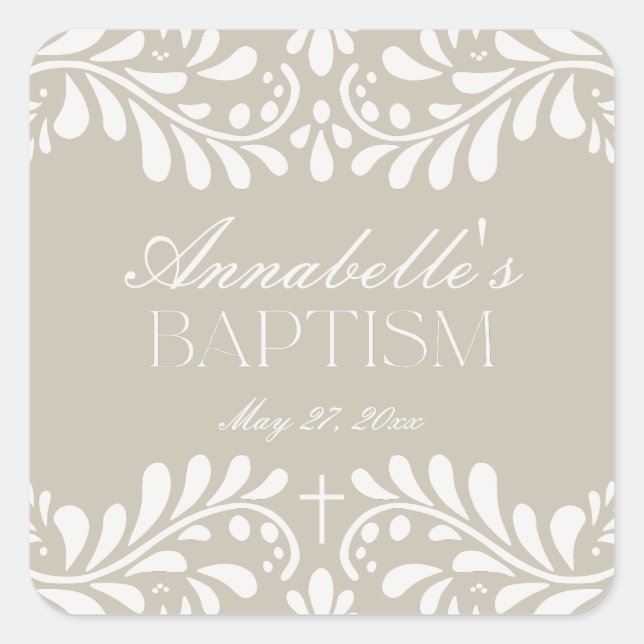 Beige Talavera Tile Spanish Fiesta Taufe Gefallen Quadratischer Aufkleber (Vorderseite)