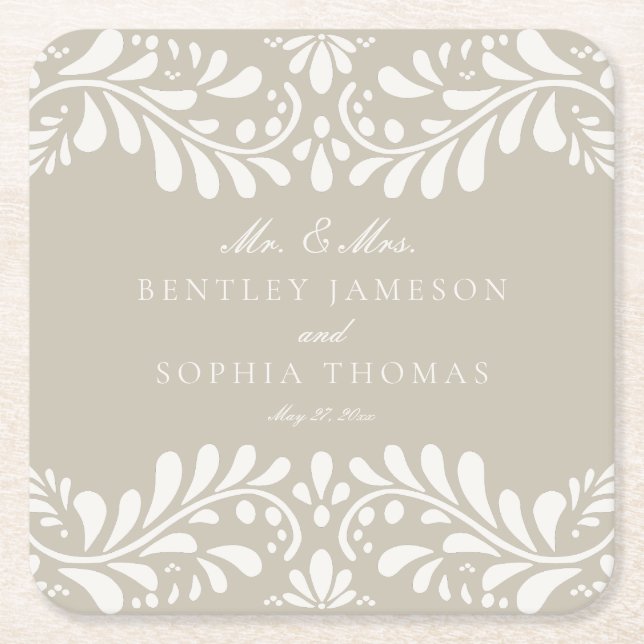 Beige Talavera Tile Spanish Style Fiesta Wedding Rechteckiger Pappuntersetzer (Vorderseite)