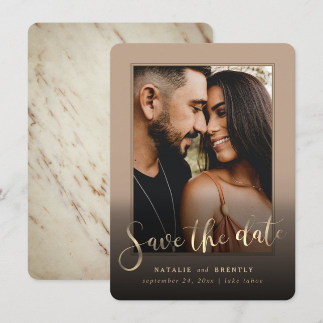Beige Tan Gold Script & Marble Foto Overlay Save The Date (Vorne/Hinten)