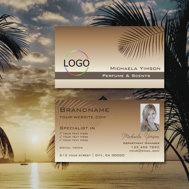 Beige Tan Gradient Palm Leaf mit Logo und Foto Visitenkarte (Von Creator hochgeladen)