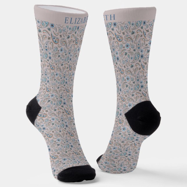 Beige Tan Gray und Tuquoise Blue Paisley Pattern Socken (Gewinkelt)