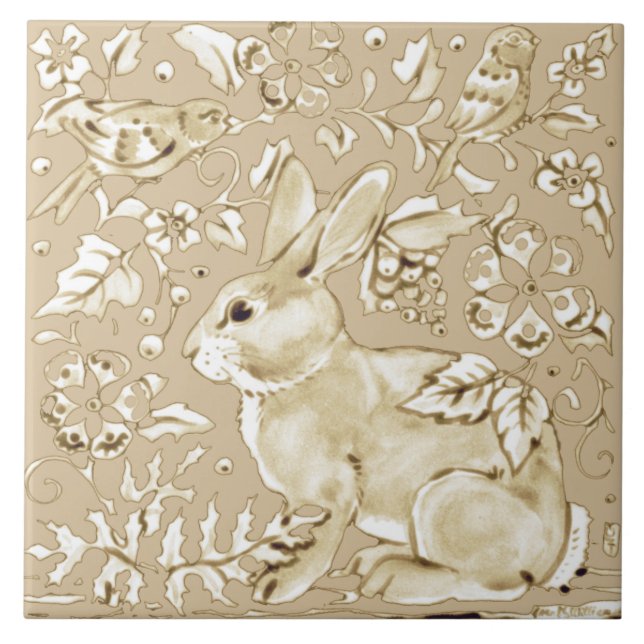 Beige Tan Ivory Bunny Rabbit Bird Floral Leaf Fliese (Vorderseite)