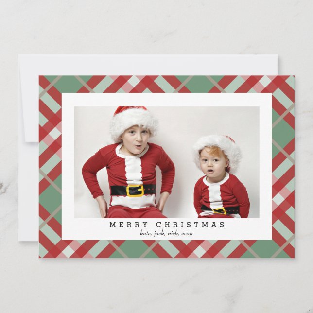 Beige Tartan Karierte Weihnachtsfotokarte Feiertagskarte (Vorderseite)