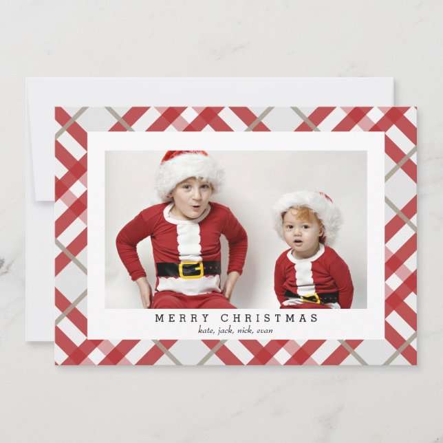 Beige Tartan Karierte Weihnachtsfotokarte Feiertagskarte (Vorderseite)