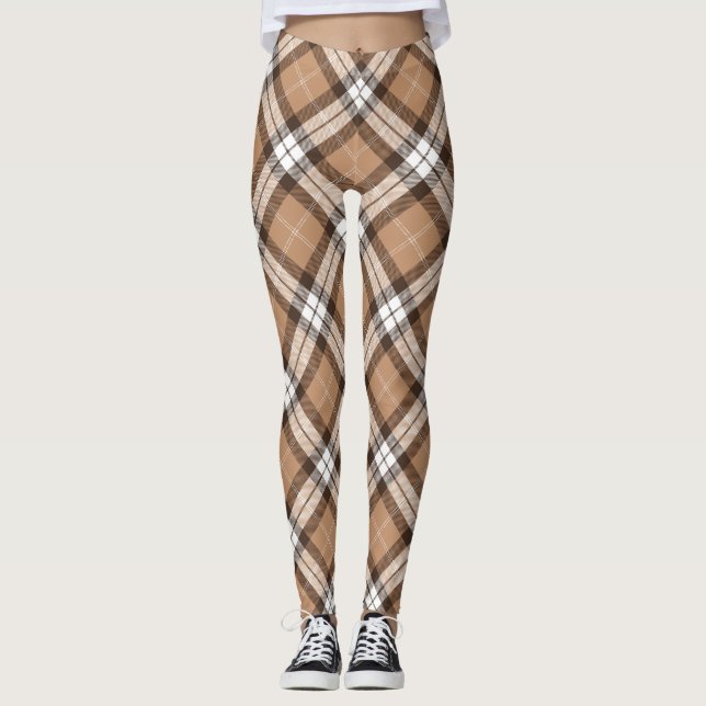 Beige Tartan-kariertes schottisches Rauten-Muster Leggings (Vorderseite)
