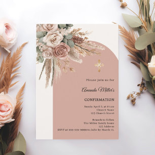 Beige-Taupe-Rosen-Pampas-Bogen-Elfenbein-Konfirmat Einladung