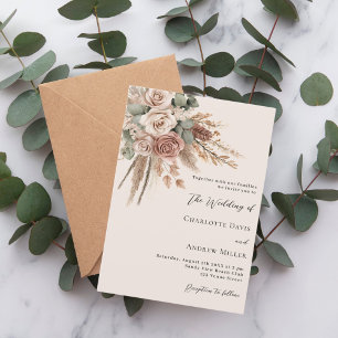 Beige Taupe Rosen Pampas Gras Luxus-Hochzeit Einladung