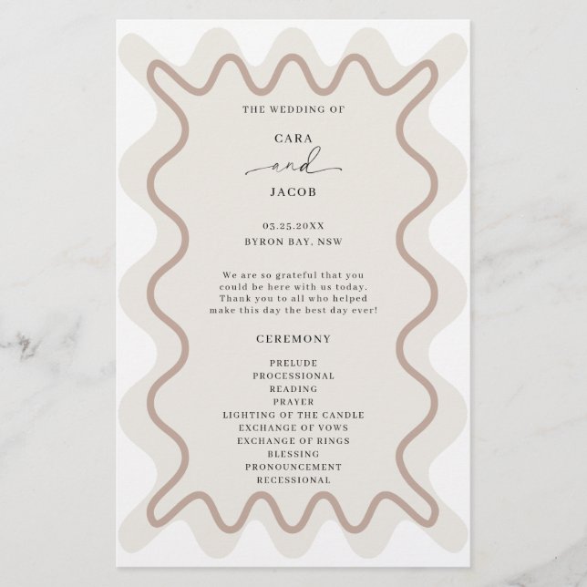 Beige Taupe Wavy Border Zeremonie Programm (Vorderseite)
