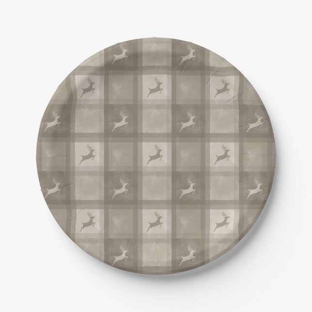 Beige-Textur-Karo mit Rentier-Weihnachten Pappteller (Vorderseite)