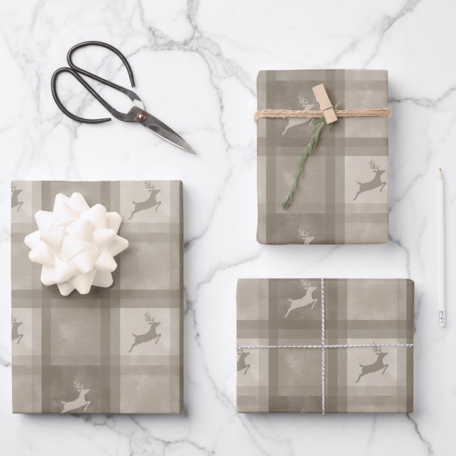 Beige Texture Plaid With Deer Stylish Christmas Geschenkpapier Set (Vorderseite)