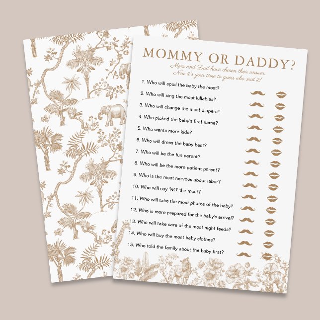 Beige Toile Baby Shower Mommy or Daddy Game Card Einladung (Beige Toile Baby Shower Mommy or Daddy Game Card)