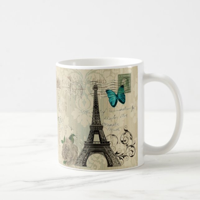 beige Turm Damastschmetterlings-Rose Paris Eiffel Tasse (Rechts)