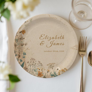 Beige Umrandung Rustikale Boho Wildblumen Hochzeit Pappteller