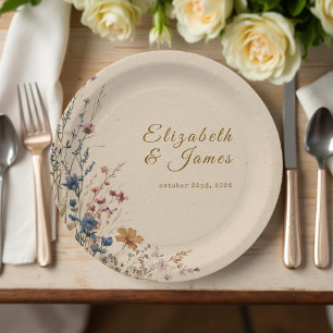 Beige Umrandung Rustikale Boho Wildblumen Hochzeit Pappteller