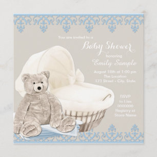 Beige und blaue Teddybär-Babyparty Einladung