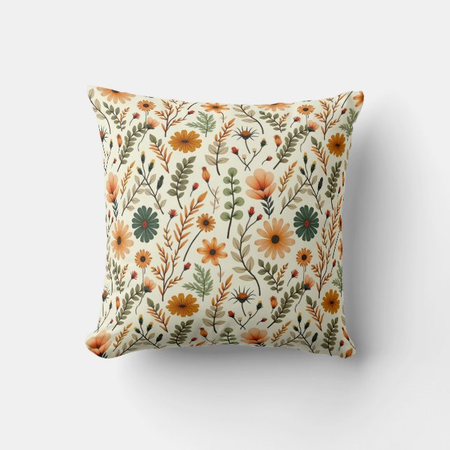 Beige und braune Boho-Blumen Kissen (Vorderseite)