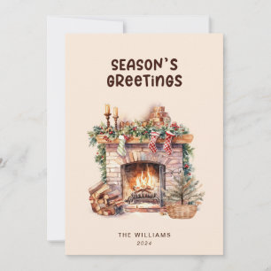 Beige- und braune flache Weihnachtskarte mit Kamin Feiertagskarte