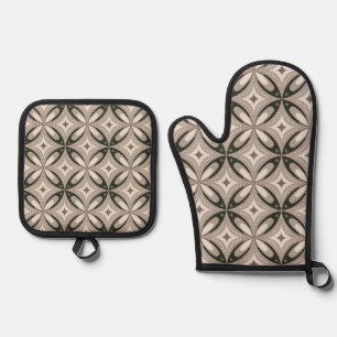 Beige und braune Retro-Kreisformen Ofenhandschuh & Topflappen-Set