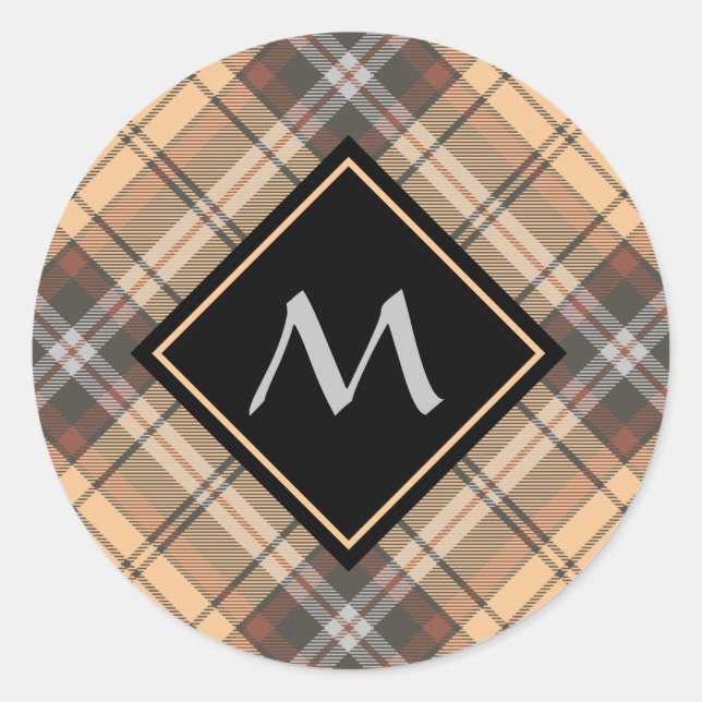 Beige und Brown Tartan Runder Aufkleber (Vorderseite)