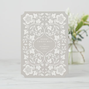 Beige und Elfenbein-Holzschnitt Winter Botanicals Feiertagskarte