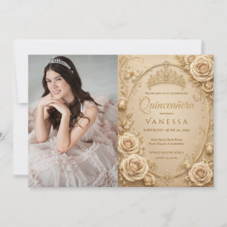 Beige und Gold Foto Quinceanera Einladung
