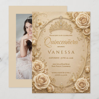 Beige und Gold Foto Quinceanera Einladung