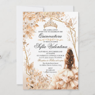 Beige- und Gold-Quinceañera-Prinzessin Mädchen-Tia Einladung