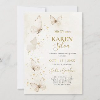 Beige und Gold Schmetterlinge Quinceañera Einladun Einladung