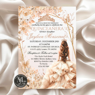 Beige- und goldene Quinceañera-Prinzessinnen-Girl- Einladung